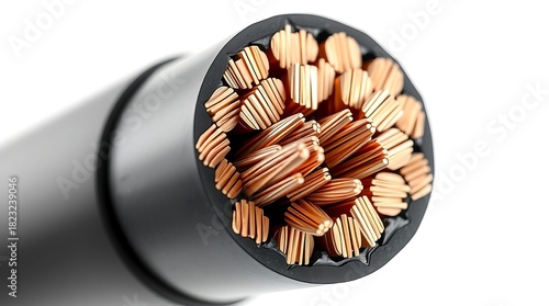 Close up of a black electrical cable with copper wires on a white backdrop