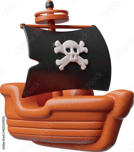 3D cartoon pirate ship, wooden, with black sails and a skull and crossbones symbol.