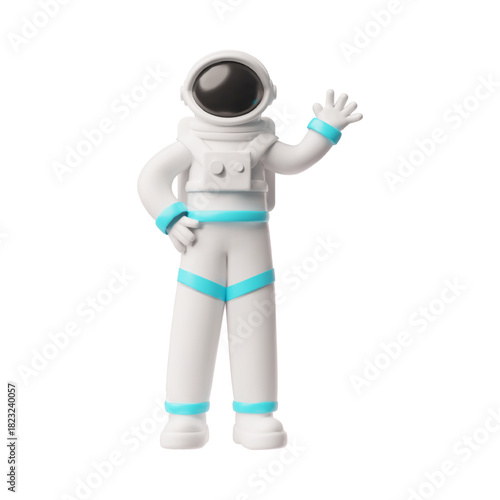 Astronaut waving his hand, greeting 3D cartoon plastic style, vector cosmonaut in spacesuit, interstellar character
