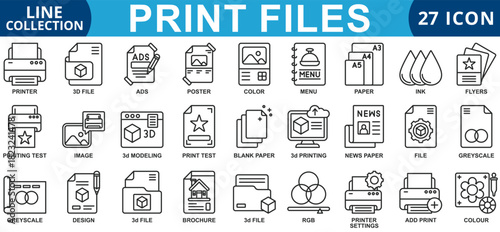 Print files icon set outline style icon set collection vector illustration