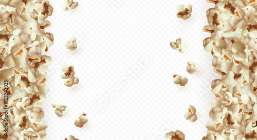 Empty frame with side borders of popcorn, transparent isolated background.
