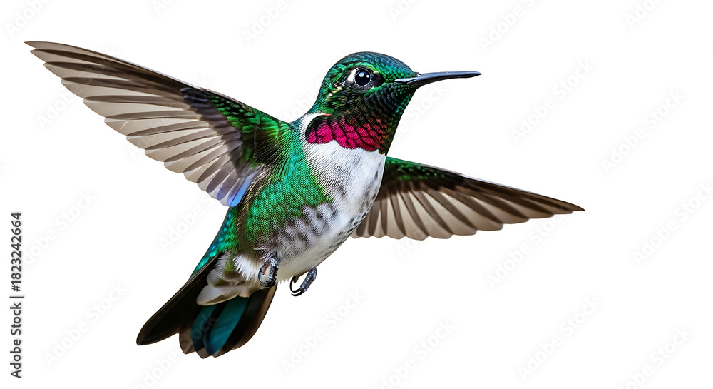 Obraz premium A ruby throated hummingbird in flight with wings spread wide isolated on white background