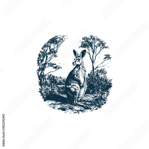 engraving or woodcut illustration depicting a sitting kangaroo amidst dry Australian bush and trees, framed within a circle