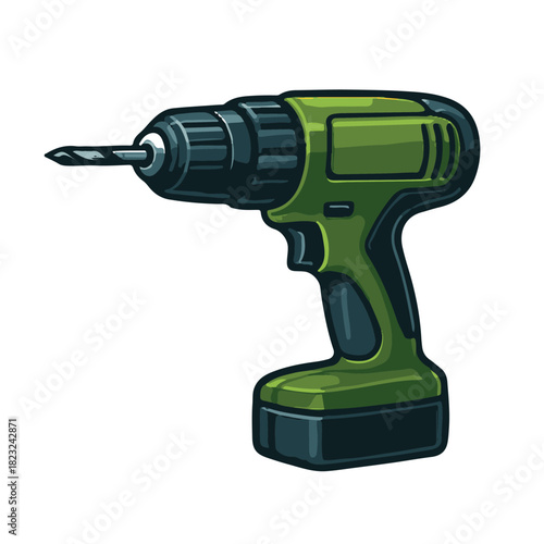 Illustration of a green handheld power drill with a drill bit.
