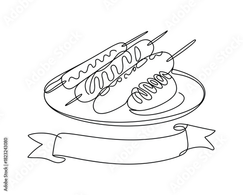 One line drawing of grilled sausages on a plate with ribbon banner