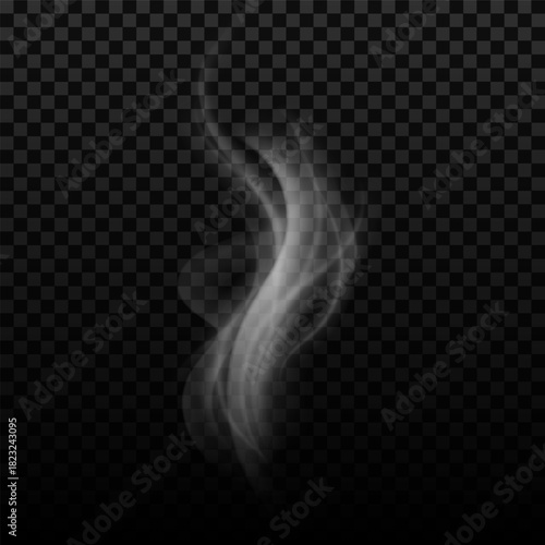 Realistic white smoke or steam on a transparent dark background.