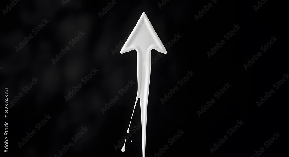 Fototapeta premium Abstract white liquid arrow shape dripping downwards symbolizing movement growth and purity against deep dark black empty background studio shot
