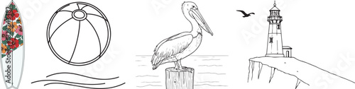 Collection of Hand-drawn Coastal and Beach Elements in Outline Style