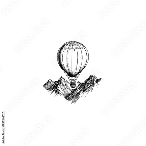 vintage engraving or woodcut illustration depicting a classic hot air balloon floating gracefully above a rugged mountain range