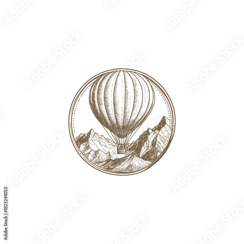 vintage engraving or woodcut illustration depicting a classic hot air balloon floating gracefully above a rugged mountain range