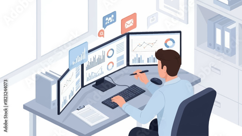A focused flat design illustration depicting a professional meticulously analyzing complex data on multiple computer screens, symbolizing problem-solving and strategic thinking in an office setting. 