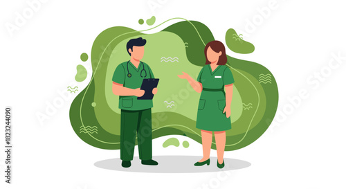 Two medical professionals in green scrubs discuss patient care, set against a vibrant green abstract background, representing healthcare.