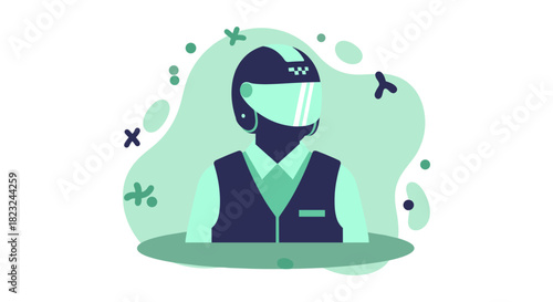 An illustration of a taxi driver with a helmet and uniform, set against a backdrop of abstract green shapes, depicting urban transportation.