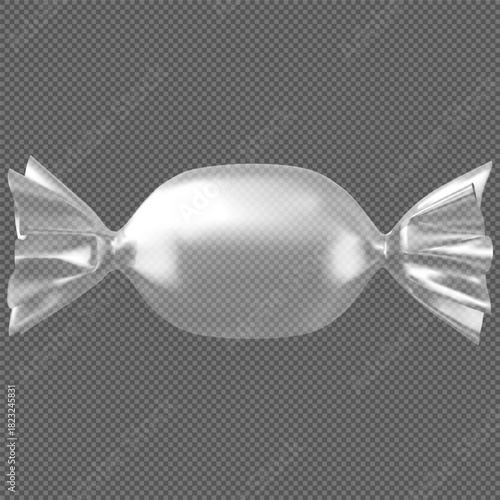 Realistic candy transparent polyethylene package mockup, vector product twisted pouch wrapper blank showcasing design