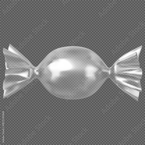 Transparent, silver wrapper for a round candy, realistic mockup on an isolated background.