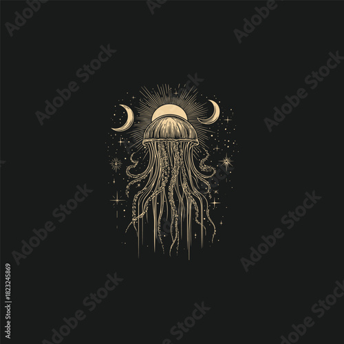 vintage engraving illustration of a jellyfish with flowing tentacles, dotted with stars, featuring a prominent crescent moon and an ethereal sunburst