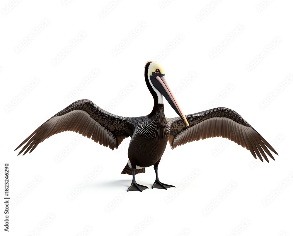 Fototapeta premium Brown pelican with wings spread with transparent background