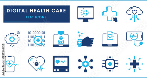 A set of flat icons related to Digital Healthcare. Health, digital, smartwatch, heartbeat, mobile, online, remote, cloud, medical service, and so on.