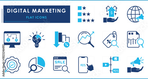 A set of flat icons related to Digital Marketing. Announce, feedback, pie chart, sale, growth, value, target, global, mobile and laptop, and so on.