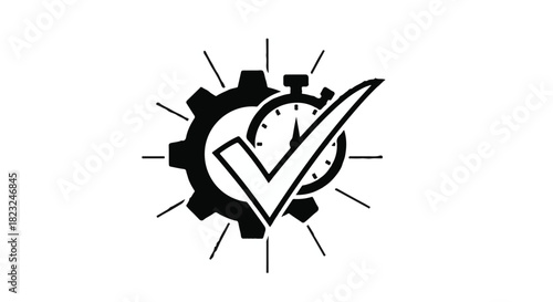 Mechanical gear with stopwatch and check mark, symbolizing efficiency and timely completion.