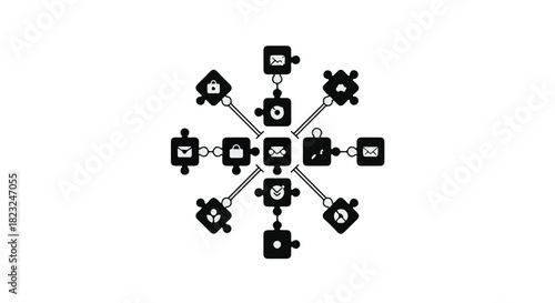 Abstract network of interconnected digital icons representing data flow and communication.