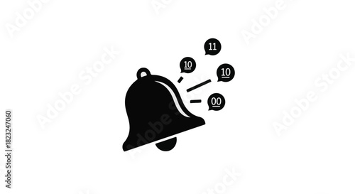 Digital notification bell icon with binary code alerts, representing online alerts and communication.