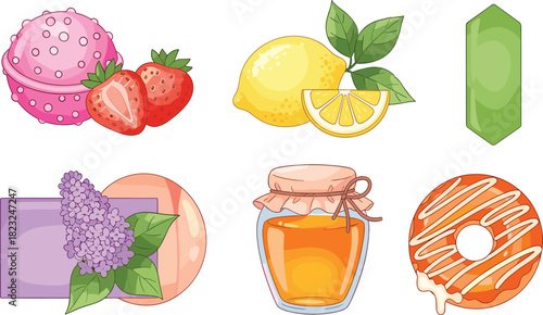 Bath bomb, lemon, soap, honey jar, donut, lilac, strawberry, citrus, skincare, sweet treat, natural, organic, handmade, beauty, spa, wellness, dessert, aromatherapy, fruity, colorful