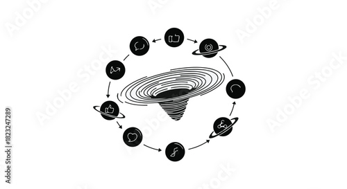 Abstract representation of a black hole with orbiting icons symbolizing life and emotions.