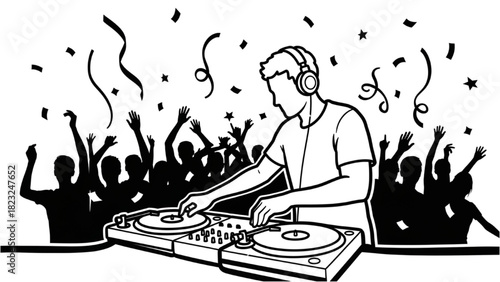 DJ New Year Party Black Continuous Line Art with Crowd Silhouettes in One Stroke
