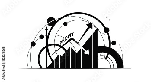 Abstract illustration of a rising profit graph with upward arrow and circular elements symbolizing growth and success.