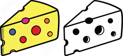 Two triangular cheese icons with holes, one with coloring line and bold line and colorful details, other black outline