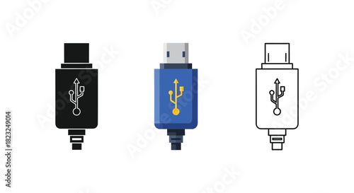 Set of three USB Type-A connector icons in silhouette, color, and outline