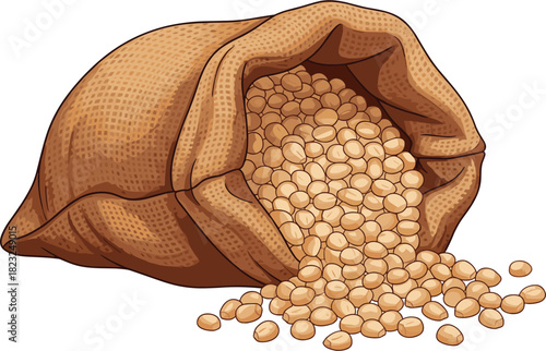 Burlap sack with yellow seeds, agricultural produce, soybean storage, farming concept, food supply, grain texture, rustic packaging