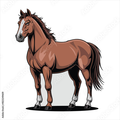 Realistic Brown Horse Standing Profile - Thoroughbred Stallion Vector Illustration