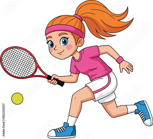 Cartoon girl playing tennis, sports illustration, active child, tennis racket, dynamic pose, athletic outfit, outdoor activity, fun sports art