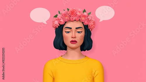 A woman with a flower crown looks contemplative against a pink background, featuring speech bubbles above her head.