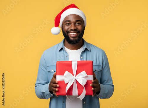 Black Santa. Smiling african american man in red Christmas hat holding xmas gift box over yellow studio background, AI Generative