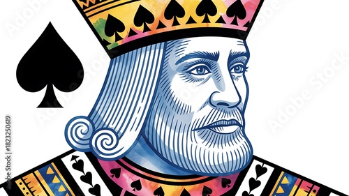 Watercolor illustration of the King of Spades playing card.
