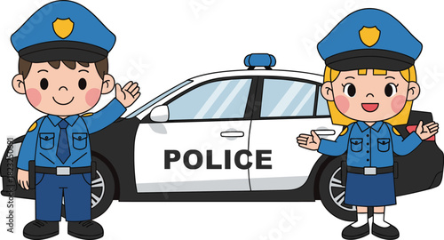 Cartoon police officers, law enforcement characters, patrol car illustration, friendly uniformed figures, vector art, educational design, children’s safety themeCartoon police officers