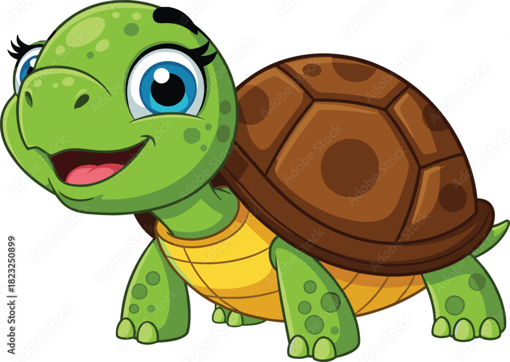 Fototapeta premium Cute cartoon turtle, vector illustration, colorful flat design, cheerful animal drawing, children’s book character, playful artwork, decorative, animated style, smiling