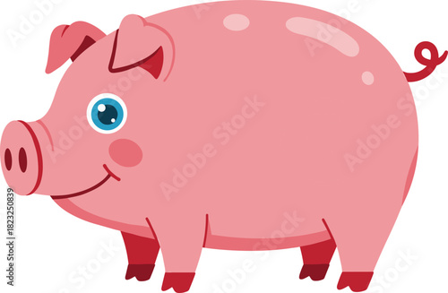 Cute cartoon pig vector illustration, pink farm animal character, cheerful piglet design, children’s book mascot, cad drawing flat vector illustration