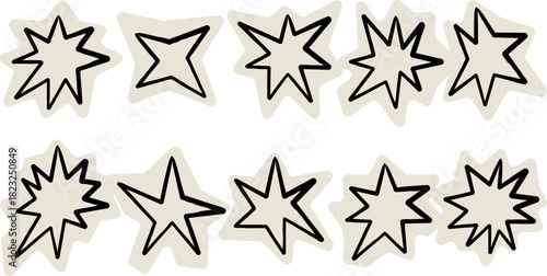 A set of ten hand-drawn starburst and explosion shapes with thick black outlines and a subtle beige background fill, perfect for comic book art.
