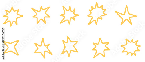 A set of ten stylized yellow starburst and explosion shapes with thick outlines, ideal for comic book style pop art and retro graphic design elements.
