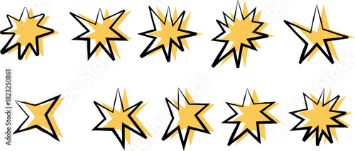 A set of twelve simple, stylized star shapes with thick black outlines and a subtle beige background fill, perfect for retro, pop art, or doodle designs.