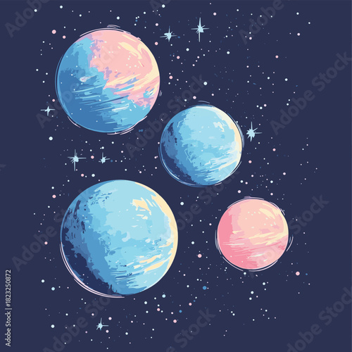 Kuiper Belt beyond Neptune, icy celestial bodies in pastel blue and pink hues with distant stars , vector style simple color