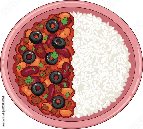 Chili con carne with rice, food plate, spicy meal, beans, ground meat, parsley garnish, tomato sauce, dinner dish, cuisine art