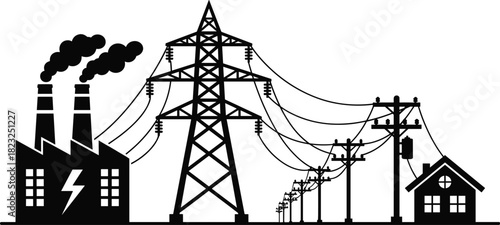 Electrical power transmission system illustration, energy distribution network, power plant to home connection, electricity supply infrastructure, cad drawing flat vector illustration