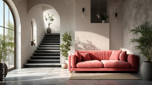 Living room with pink sofa, stairs, plants and arched window in daylight