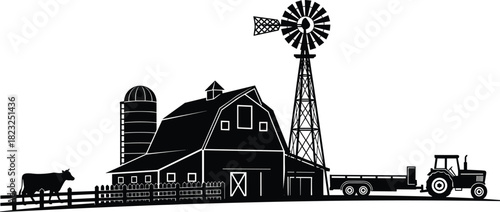 Farm silhouette with barn, silo, windmill, cow, and tractor trailer, rural agriculture vector, black and white illustration design
