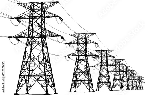 Electricity transmission towers, high voltage pylons, steel lattice structures, power grid system, energy distribution infrastructure, engineering design, cad drawing flat vector illustration